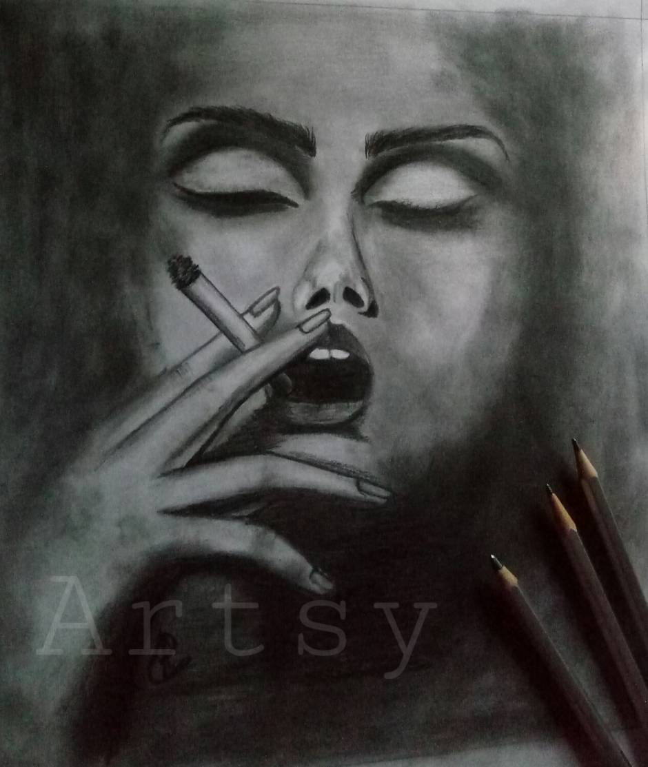 Maria Smoking Girl Charcoal drawing by Dominique Dève | Artfinder