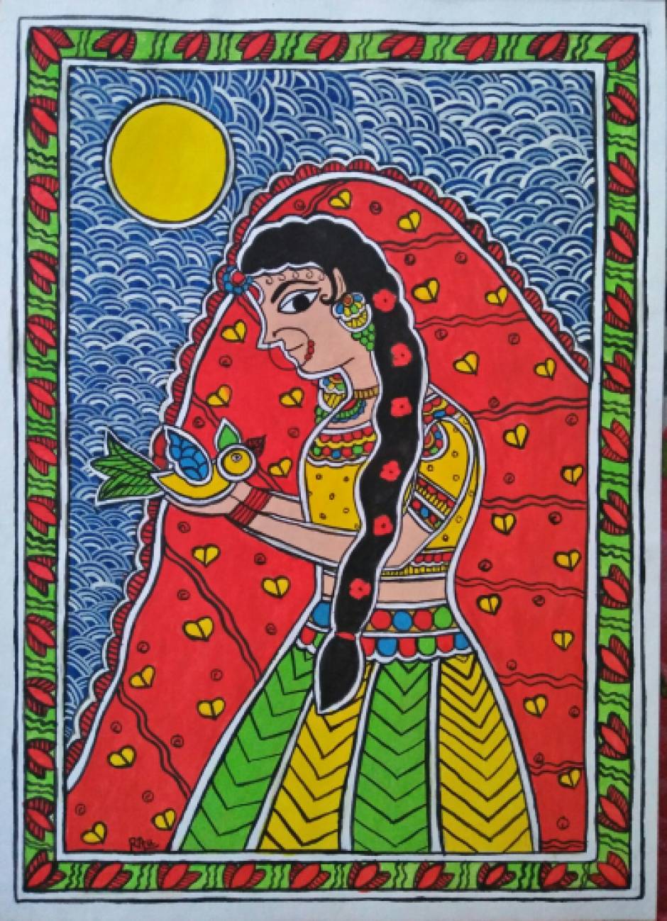 Original Madhubani Painting Indian Village Woman Portrait Watercolor ...