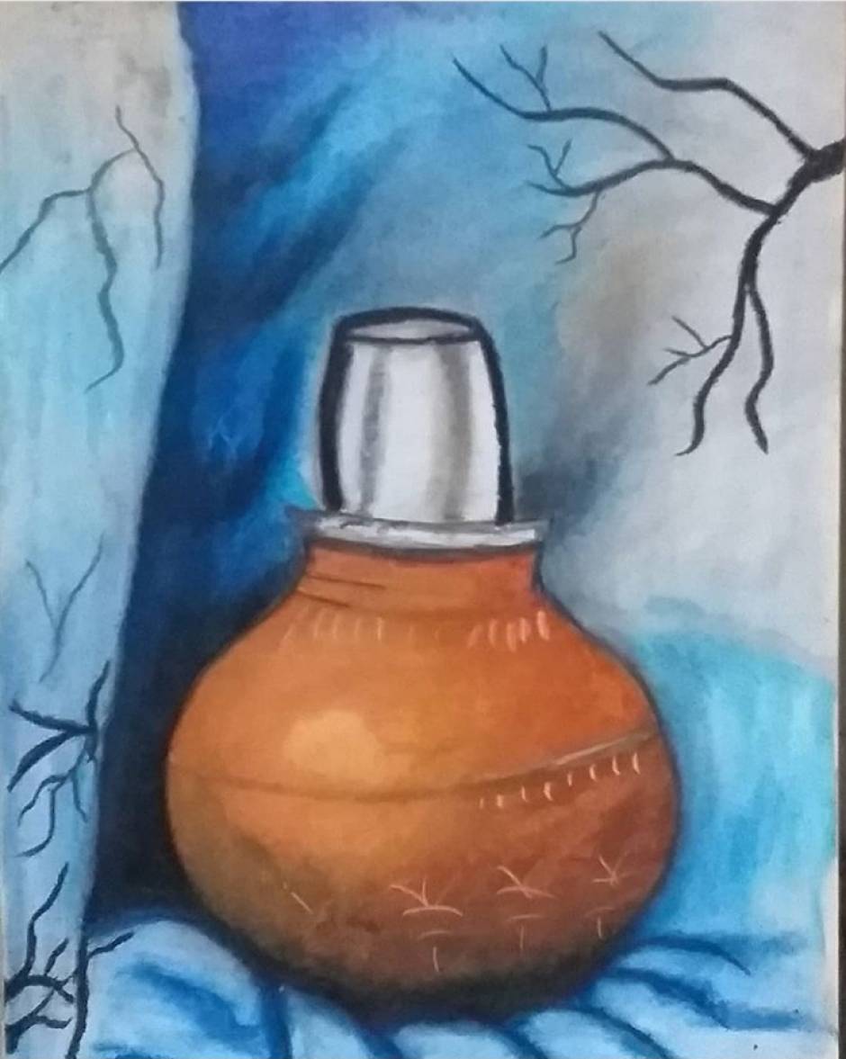 Still life drawing illustration of vase, jug and drapes