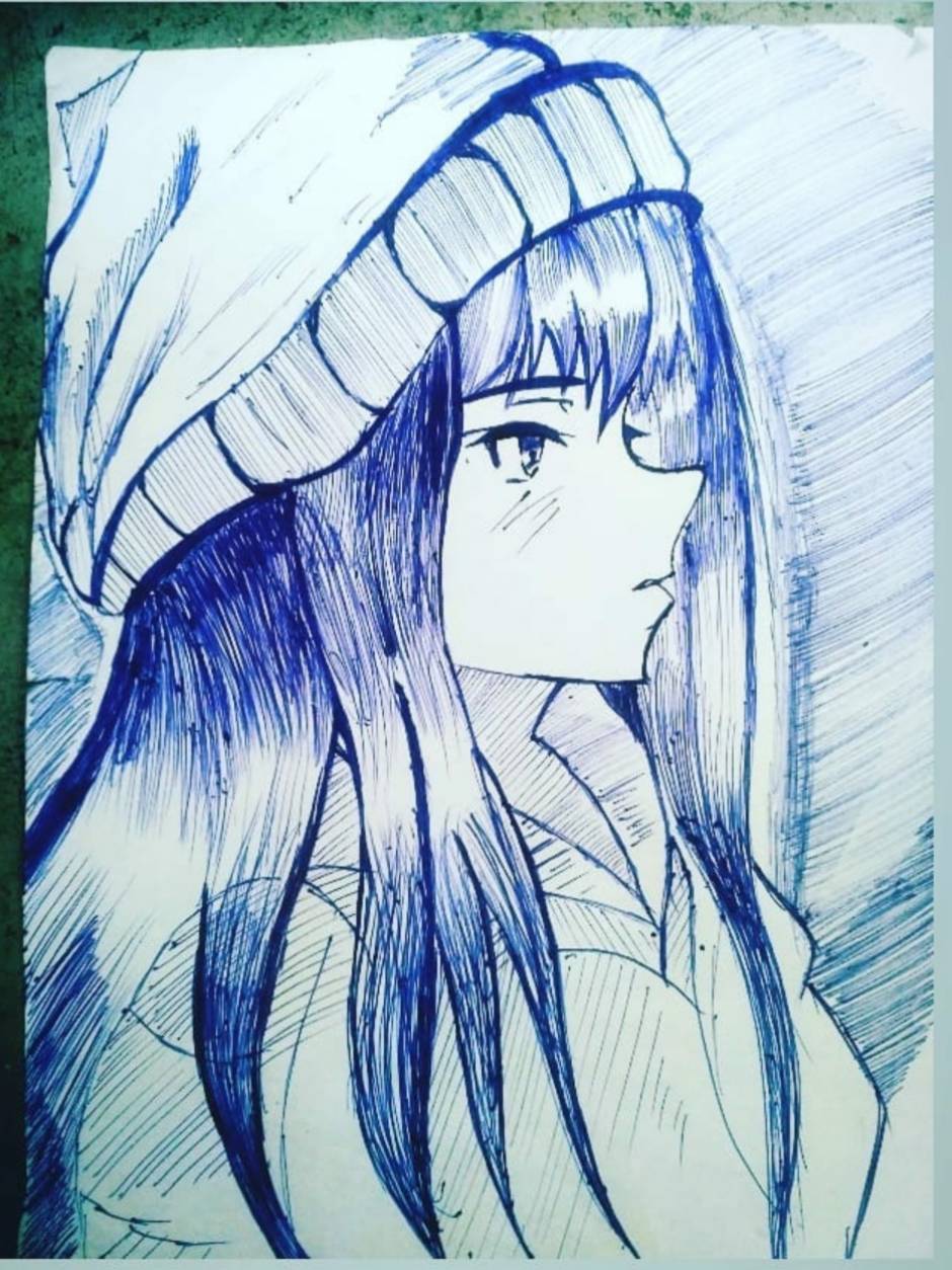 With blue pen