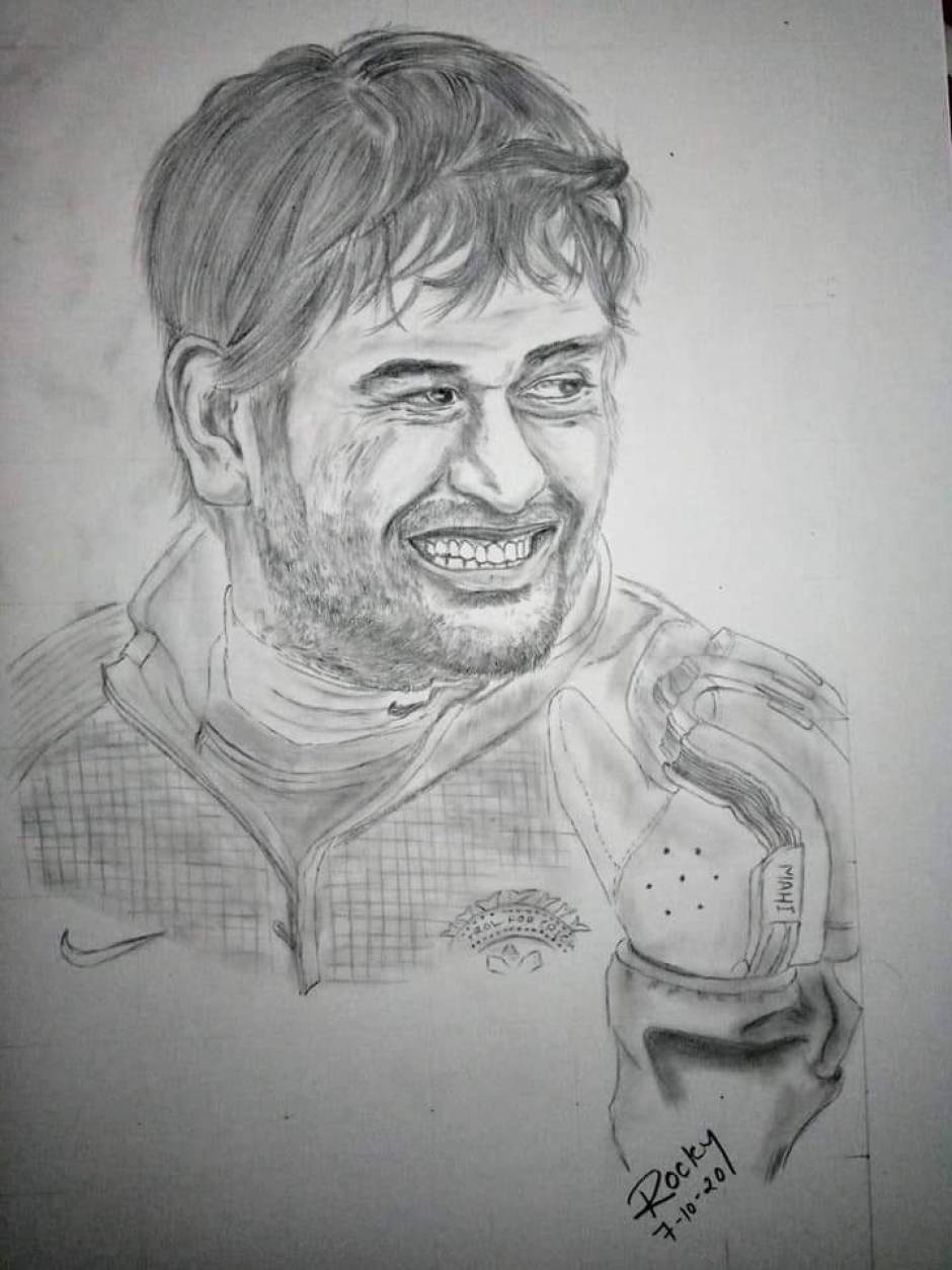 Colour pencil sketch of MS Dhoni  Ginnu Ganesan  BnW Illustrated