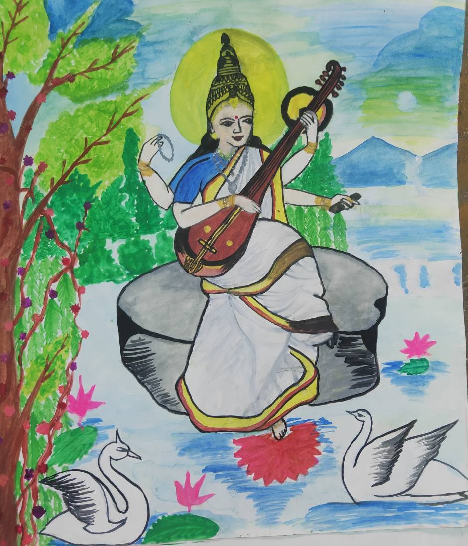 Drawing of Maa Saraswati ji | How to Draw Saraswati Mata with DOMS colour  pencils | saraswati puja - YouTube