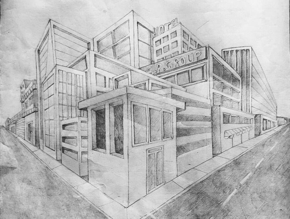 Two point perspective drawing (cityscape)