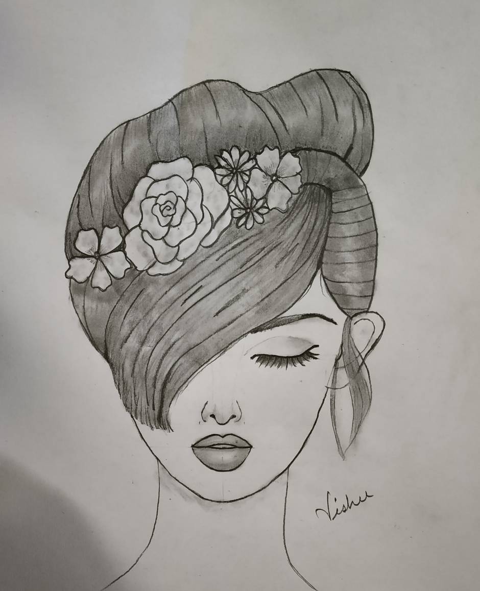 A beautiful face sketch with lovely hairstyle