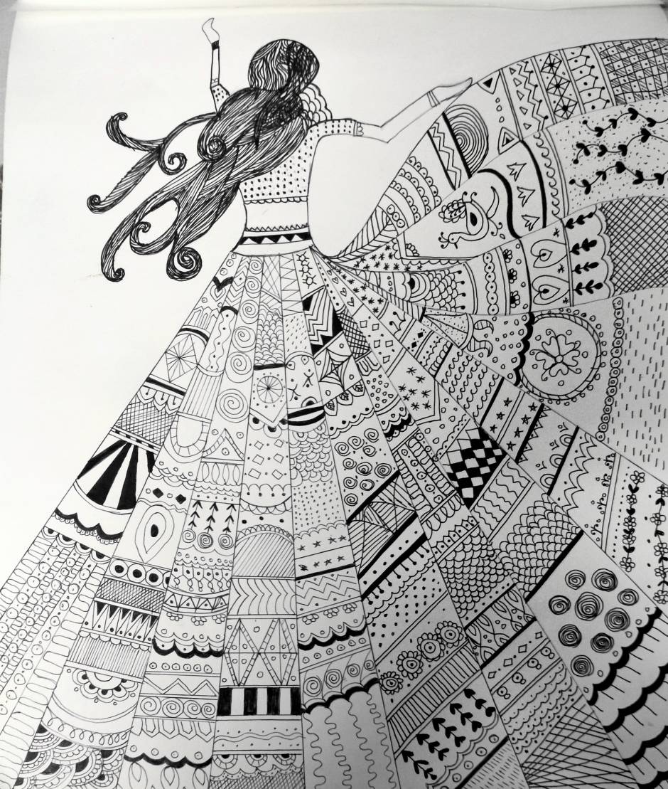 A dancing girl with zentangle skirt