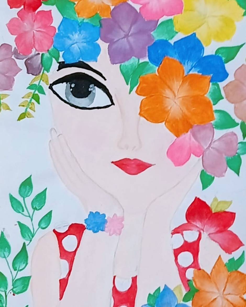 Cute girl painting with flowers