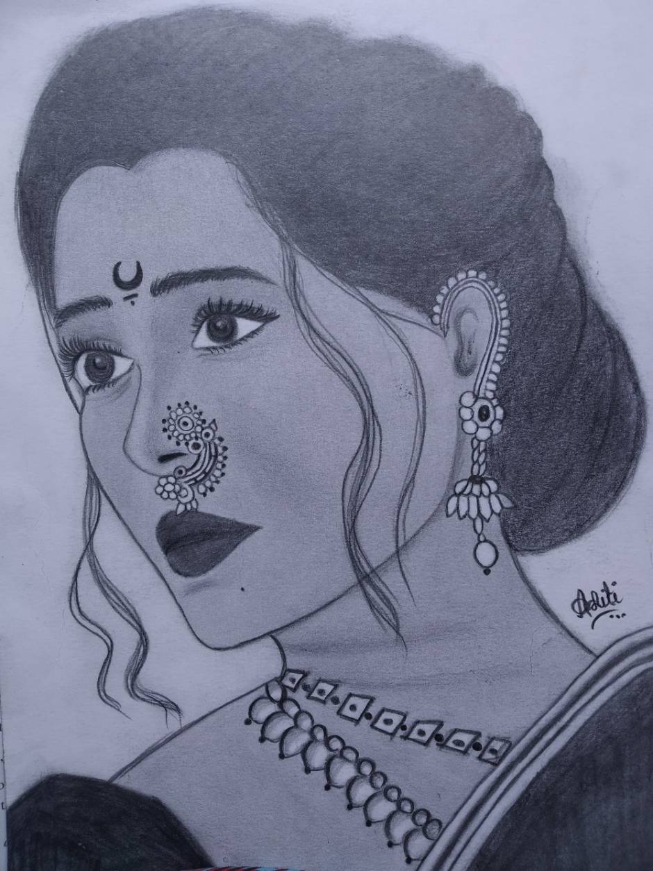 South indian girl realistic sketch