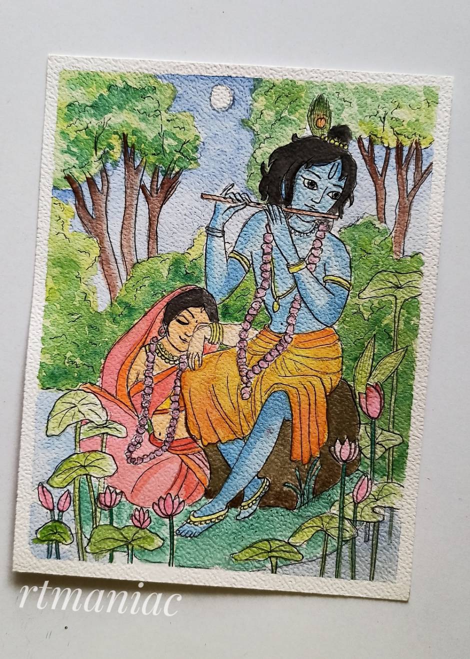 Watercolor Painting Of Radha & Krishna