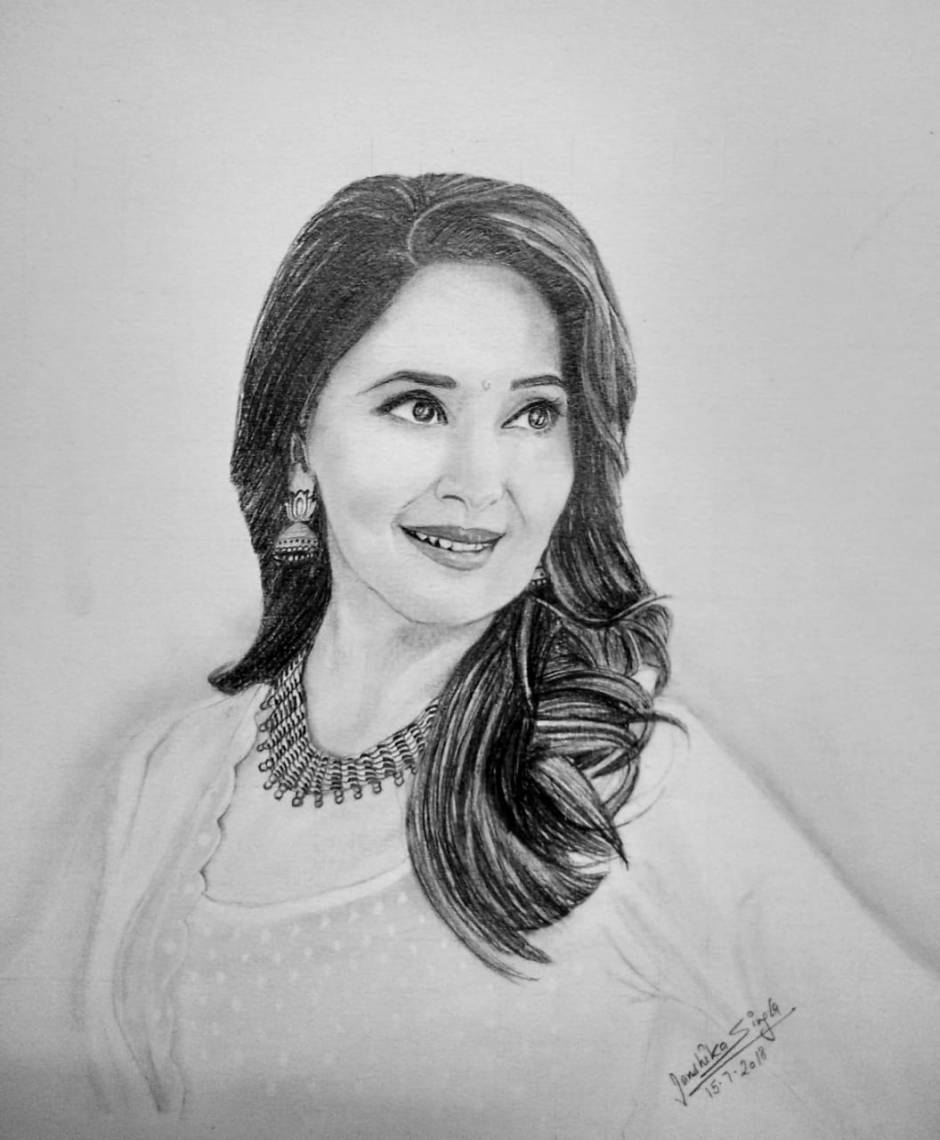 Madhuri Dixit Portrait Pencil Sketch// Madhuri Dixit Drawing - YouTube