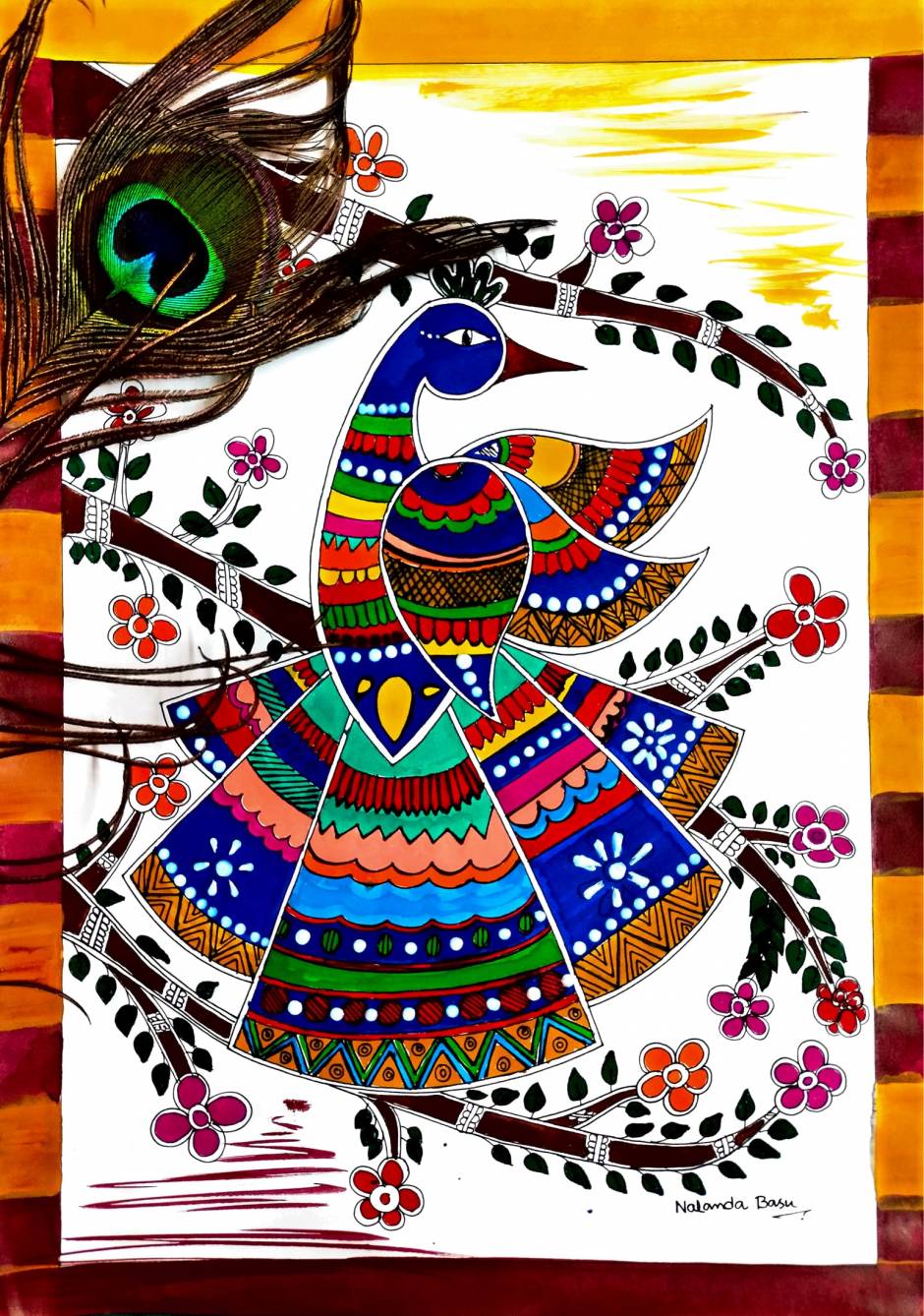 In red and blacka Madhubani fish motif