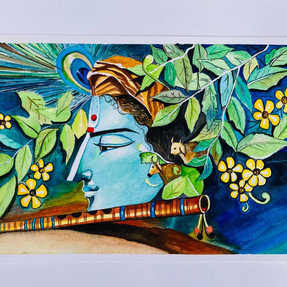Painting of krishna with watercolors